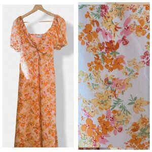 Sheer Pink Empire Waist Puff Sleeve Floral Midi Dress Cottage Coquette Fairy MED